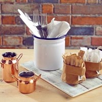 WHITE Enamel Cutlery Holder with Blue Rim